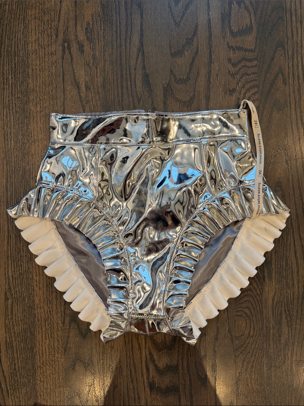 Char Workroom High-Waist Cheeky Metallic Silver Ruffle Shorts